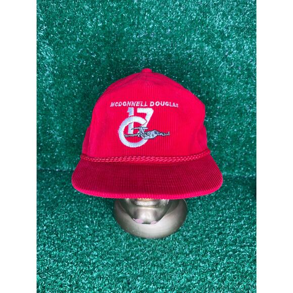 Vintage McDonnell Douglas Boeing Hat Cap Red Corduroy Zip Strap Back - Picture 1 of 6